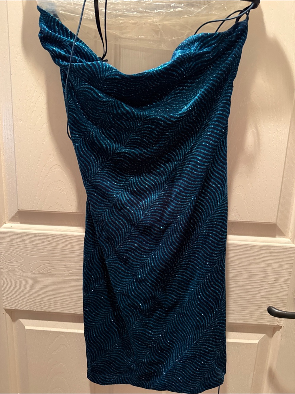 B Darlin Teal Sparkle Cowl Neck Mini Dress